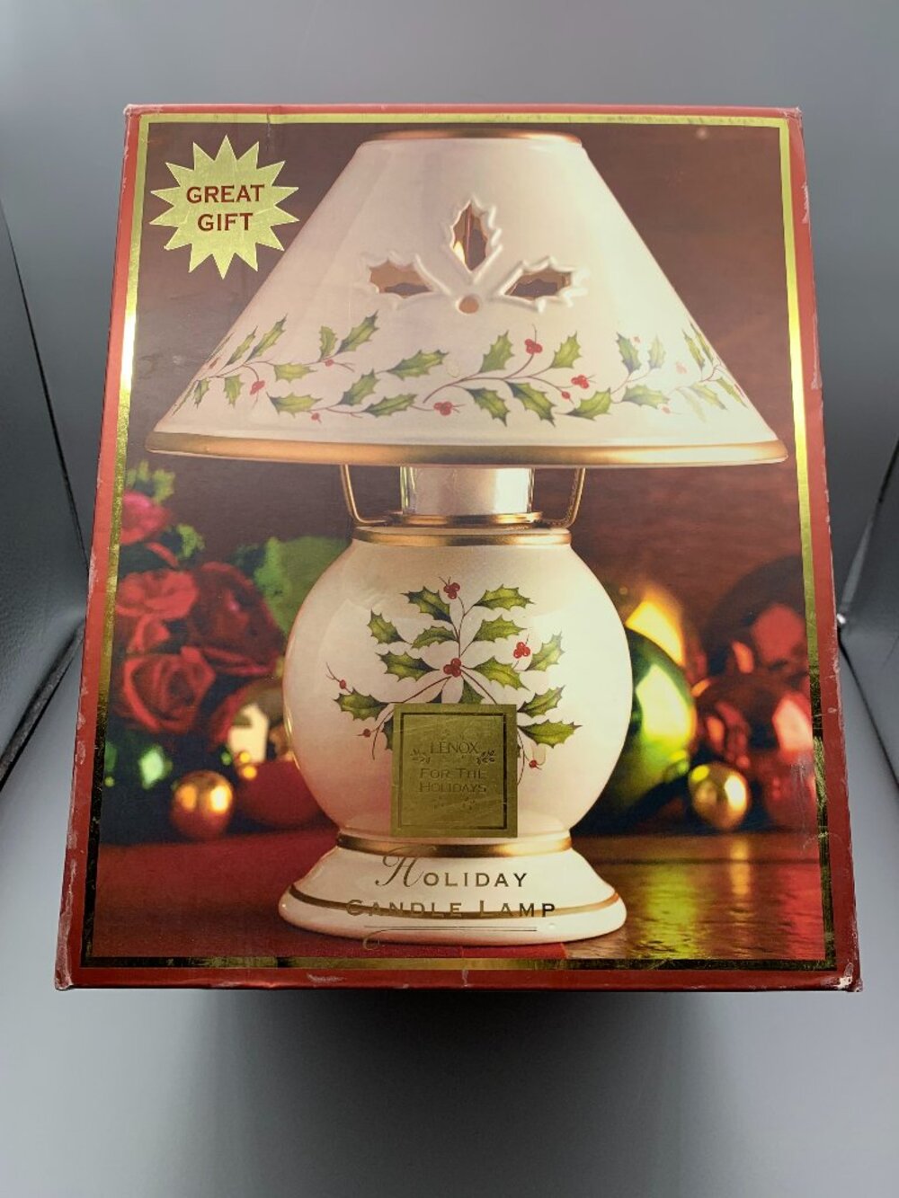 NEW in BOX Lenox Holiday Candle Lamp with Holly & Berry Design